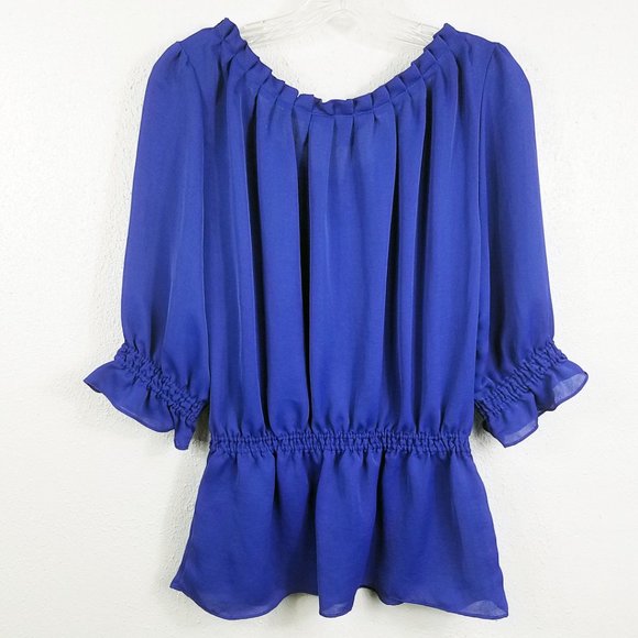 Willi Smith Women's Royal Blue Elastic Waist Tie Neck Medium Shirt Top Blouse - Picture 7 of 13